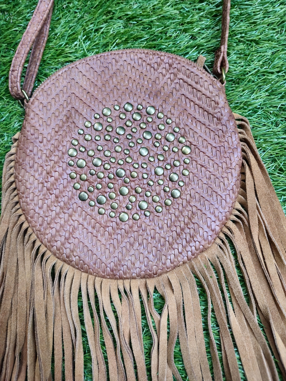 Target Boho Brown Woven Round Crossbody Bag Fringe Studded Festival Purse